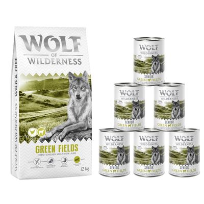 Wolf of Wilderness Wild Hills 12 kg száraz táp és 6 konzerv. Lila-fehér csomagolás, felirat: 100% grain-free recipe, Próbálja ki! narancssárga körben.