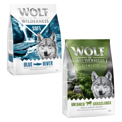 Wolf of Wilderness kutyatáp csomagok: Blue, Sunny, Wild, Green Fields. 100% grain-free recipe. Próbálja ki! felirat narancssárga körben.