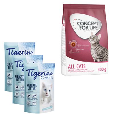 Tigerino Crystals Silicate Litter Sensitive 5 l macskaalom és Concept for Life Sterilised Cats 400 g macskaeledel csomag, piros százalékos akciójelzéssel