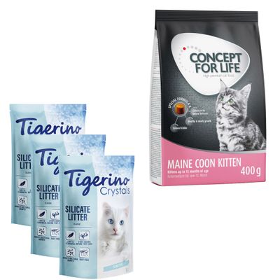 Tigerino Crystals Silicate Litter Sensitive 5 l macskaalom és Concept for Life Sterilised Cats 400 g macskaeledel csomag, piros százalékos akciójelzéssel