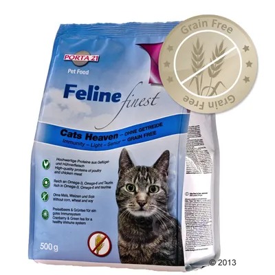Porta 21 Feline Finest Cats Heaven, 500 g. Sin cereales. Texto visible: proteínas de ave y pollo, sin maíz, trigo ni soja, rico en Omega-3, Omega-6 y taurina, arándano y té verde.