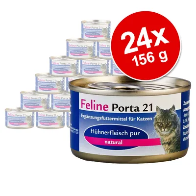 Set 24 conserve Feline Porta 21 pentru pisici, 156 g fiecare, text vizibil: Hühnerfleisch pur, natural. Imaginea arată ambalajul cu o pisică și informații despre produs.