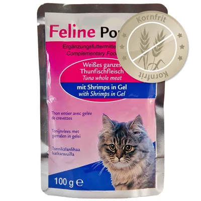Feline Porta, hvidt tunfiskkød med rejer i gelé, 100 g. Kornfrit. Tekst på flere sprog og billede af kat på emballagen.