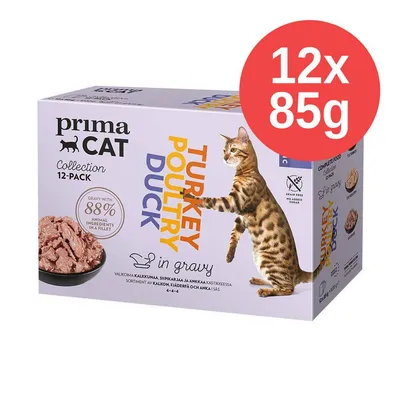 primaCAT Collection 12-PACK, 12×85g, Turkey Poultry Duck in gravy, 88 % animal ingredients, bez obilovin a přidaného cukru, obrázek kočky a misky s krmivem primaCAT Collection 12-PACK, 12×85g, Turkey Poultry Duck in gravy, 88 % animal ingredients, bez obilovin a přidaného cukru, obrázek kočky a misky s krmivem