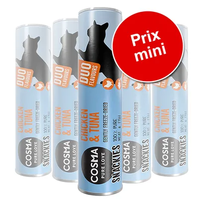 COSMA SNACKIES DUO FLAVOURS CHICKEN & TUNA, 100% pure viande et poisson lyophilisés, lot avec pastille rouge « Prix mini » visible sur l’emballage.