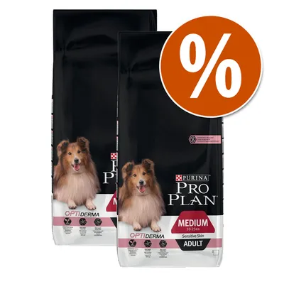 2 sacos de Purina Pro Plan Optiderma Medium 10–25 kg Sensitive Skin Adult, oferta indicada por símbolo de porcentaje en círculo naranja. Imagen de perro en el envase.