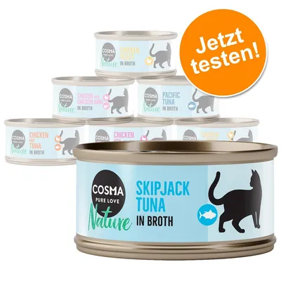 Cosma Pure Love Nature Katzenfutterdosen: Skipjack Tuna, Chicken Fillet, Pacific Tuna, Chicken with Chicken Ham, Chicken and Tuna. Orange Kreis mit Text: Jetzt testen!