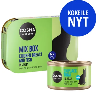 COSMA Pure Love Mix Box Chicken Breast and Fish in Jelly, 6 x 170 g. Purkin etiketissä: Skipjack Tuna in Jelly. Sininen ympyrä: Kokeile nyt.