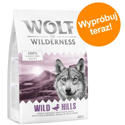 Wolf of Wilderness Wild Hills, 100% grain-free recipe, 400 g. Wypróbuj teraz! Fresh chicken meat with duck, wild berries, roots & wild herbs.