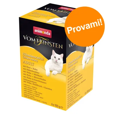 Confezione Animonda Vom Feinsten Adult Hähnchenvielfalt, 6 x 100 g. Testo visibile: 'Provami!', varianti con pollo, manzo, fegato di pollo, centro al latte, frutti di mare, salsa di carote. Confezione Animonda Vom Feinsten Adult Hähnchenvielfalt, 6 x 100 g. Testo visibile: 'Provami!', varianti con pollo, manzo, fegato di pollo, centro al latte, frutti di mare, salsa di carote.