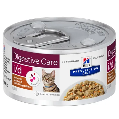 Boîte Hill's Prescription Diet Digestive Care i/d pour chat, ragoût au poulet et légumes, mention ActivBiome+, image d’un chat et du produit visible sur l’étiquette.