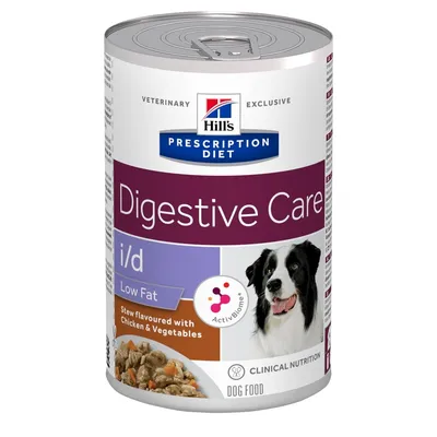 Hill's Prescription Diet Digestive Care i/d Low Fat koiran märkäruoka, makuna kana ja vihannekset. Teksti: ActivBiome+, Clinical Nutrition, Dog Food. Kuvassa koira ja ruoka-annos.