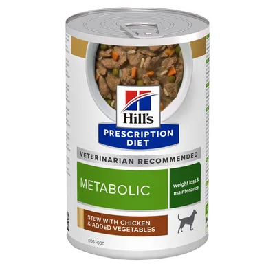 Hill's Prescription Diet Metabolic, stew with chicken & added vegetables, weight loss & maintenance, veterinarian recommended, koiran märkäruoka säilykepurkissa.