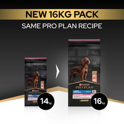 Purina Pro Plan Large Athletic Adult Sensitive Skin now in the new 16 kg pack, previously 14 kg. Same recipe.