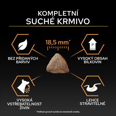 Suché krmivo o velikosti 18,5 mm, bez barviv, s vysokým obsahem bílkovin, vysokou vstřebatelností živin a snadnou stravitelností. Všechny údaje dle standardu výrobce.