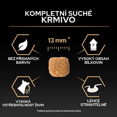 Kompletní suché krmivo, velikost 13 mm, bez barviv, vysoký obsah bílkovin, vysoká vstřebatelnost živin, snadno stravitelné.