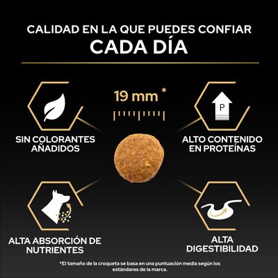 Tamaño de croqueta 19 mm, sin colorantes, alto contenido de proteínas, alta absorción de nutrientes y alta digestibilidad según la imagen.