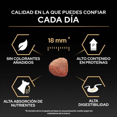 Tamaño de croqueta, 18 mm, sin colorantes, alto contenido de proteínas, alta absorción de nutrientes y alta digestibilidad. Calidad en la que puede confiar cada día.