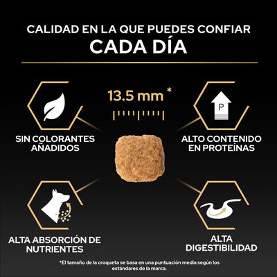 Tamaño de croqueta 13,5 mm, sin colorantes, alto contenido de proteínas, alta absorción de nutrientes y alta digestibilidad según la imagen.