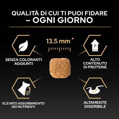 Dimensione delle crocchette 13,5 mm, senza coloranti, alto contenuto proteico, elevato assorbimento dei nutrienti, facilmente digeribile. Testo: Qualità di cui puoi fidarti ogni giorno.