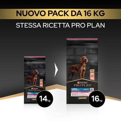 Purina Pro Plan Large Athletic Adult Sensitive Skin ora nel nuovo formato da 16 kg, finora 14 kg. Stessa ricetta Pro Plan.