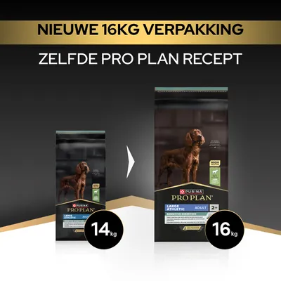 Purina Pro Plan Large Athletic Adult Sensitive Digestion: nieuwe verpakking van 16,kg, dezelfde receptuur als voorheen, eerder 14,kg. Purina Pro Plan Large Athletic Adult Sensitive Digestion: nieuwe verpakking van 16,kg, dezelfde receptuur als voorheen, eerder 14,kg.