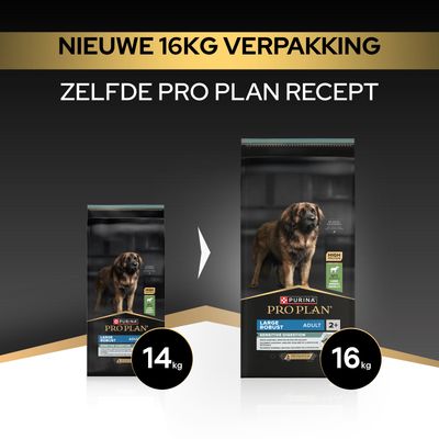 Purina Pro Plan Large Robust Adult Sensitive Digestion, nieuwe verpakking van 16 kg vervangt 14 kg, dezelfde receptuur.