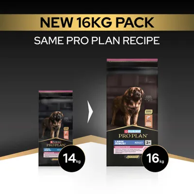 Purina Pro Plan Large Robust Adult Sensitive Skin: Nova 16 kg embalaža nadomešča 14 kg, enaka receptura. Purina Pro Plan Large Robust Adult Sensitive Skin: Nova 16 kg embalaža nadomešča 14 kg, enaka receptura.