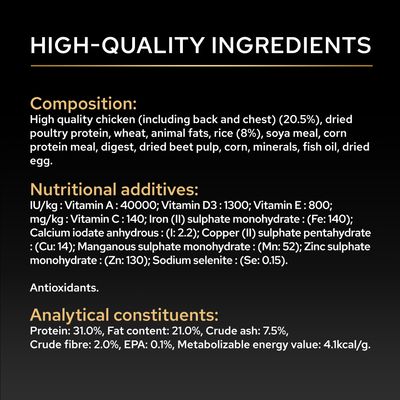 Sammansättning: höna, ris, sojamjöl, fiskolja. Näringstillskott: vitaminer A, D3, E, C, järn, koppar, zink, selen. Analytiska beståndsdelar: protein 31 %, fett 21 %, energi 4,1 kcal/g.
