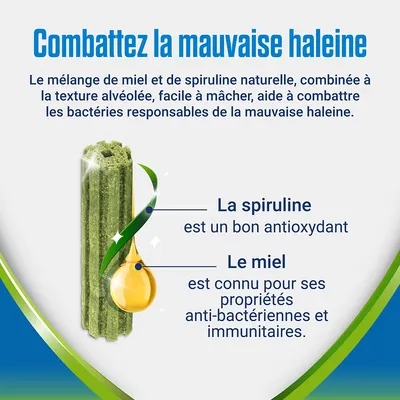 Combattez la mauvaise haleine. Mélange de miel et spiruline naturelle, texture alvéolée facile à mâcher. La spiruline est un bon antioxydant. Le miel a des propriétés anti-bactériennes.