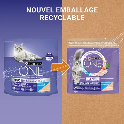 Συσκευασίες Purina ONE Bifensis για γάτες με δυσκολία στη διατροφή, 1,5 kg, με εικόνα γάτας και κείμενο στα γαλλικά: 'Nouvel emballage recyclable'. Σύγκριση παλιάς και νέας συσκευασίας.