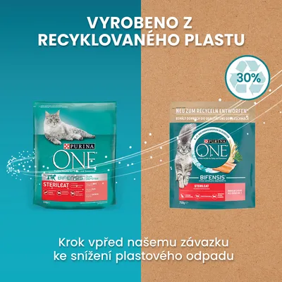 Text v češtine: Vyrobeno z recyklovaného plastu, 30 %. Krok vpřed našemu závazku ke snížení plastového odpadu. PURINA ONE Bifensis Sterilcat krmivo pre mačky na obale.