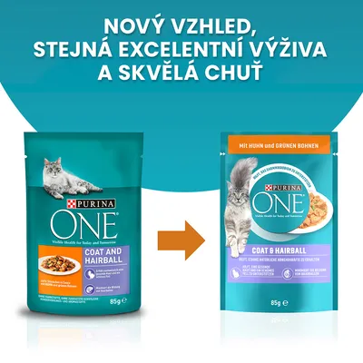 Porovnanie starého a nového obalu PURINA ONE Coat & Hairball 85 g pre mačky. Text v češtine: Nový vzhled, stejná excelentní výživa a skvělá chuť.
