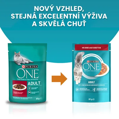 Porovnání starého a nového obalu Purina ONE Adult 85 g, s textem: Nový vzhled, stejná excelentní výživa a skvělá chuť. Oba obaly zobrazují kočku a produktové informace.