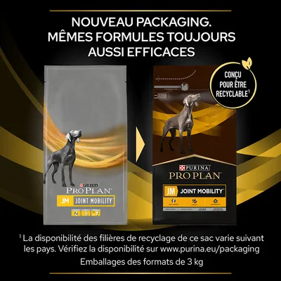 Nouveau packaging PURINA PRO PLAN JM Joint Mobility, conçu pour être recyclable. Emballages des formats de 3 kg. Même formule, efficacité inchangée.