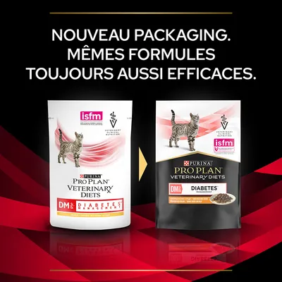 NOUVEAU PACKAGING. MÊMES FORMULES TOUJOURS AUSSI EFFICACES. PURINA PRO PLAN VETERINARY DIETS DM ST/OX DIABETES MANAGEMENT pour chats, ancien et nouveau sachet visibles.