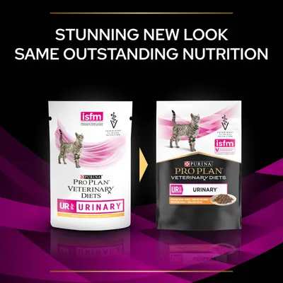 PURINA PRO PLAN VETERINARY DIETS UR ST/OX URINARY για γάτες. Παρουσίαση παλιάς και νέας συσκευασίας με το λογότυπο isfm και κείμενο στα αγγλικά: Stunning new look, same outstanding nutrition.