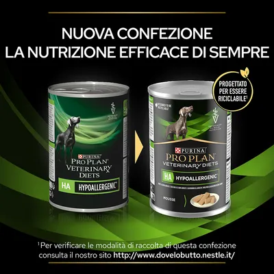 Nuova confezione Purina Pro Plan Veterinary Diets HA Hypoallergenic, progettato per essere riciclabile. Due lattine mostrate: vecchio e nuovo design, mousse visibile sulla nuova.