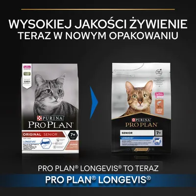 Zmiana opakowania karmy Purina Pro Plan Original Senior 7+ LongevIs dla kotów na nowe opakowanie Purina Pro Plan Senior 7+ LongevIs. Widoczne oba opakowania i informacja o nowym wyglądzie.