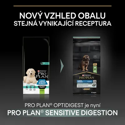 Porovnání starého a nového obalu krmiva Purina Pro Plan Large Robust Puppy. Nový název: Sensitive Digestion místo Optidigest. Text: Nový vzhled obalu, stejná receptura.