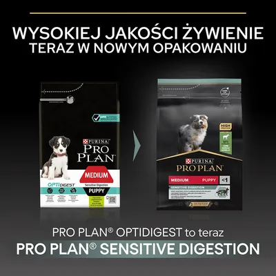Purina Pro Plan Optidigest Medium Puppy zmienia nazwę na Pro Plan Sensitive Digestion Medium Puppy. Wysokiej jakości żywienie teraz w nowym opakowaniu.