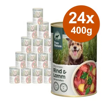 24 lattine da 400 g di Pure Nature Rind & Lamm mit Kartoffeln, immagine della confezione con cane e ciotola di carne e patate. Testo visibile: 0% cereali, 0% additivi artificiali. 24 lattine da 400 g di Pure Nature Rind & Lamm mit Kartoffeln, immagine della confezione con cane e ciotola di carne e patate. Testo visibile: 0% cereali, 0% additivi artificiali.