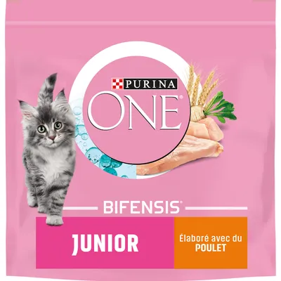 Pachet Purina ONE Bifensis Junior, text vizibil: JUNIOR, élaboré avec du POULET. Imagine cu pisoi, carne de pui, grâu și verdeață pe ambalaj roz.