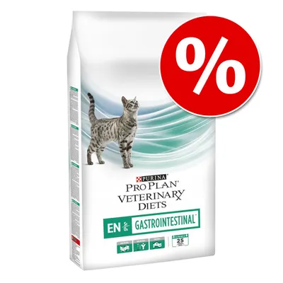 Purina Pro Plan Veterinary Diets EN Gastrointestinal torrfoder för katt, vit påse med bild av katt och röd rabatt-symbol (%) uppe till höger. Purina Pro Plan Veterinary Diets EN Gastrointestinal torrfoder för katt, vit påse med bild av katt och röd rabatt-symbol (%) uppe till höger.
