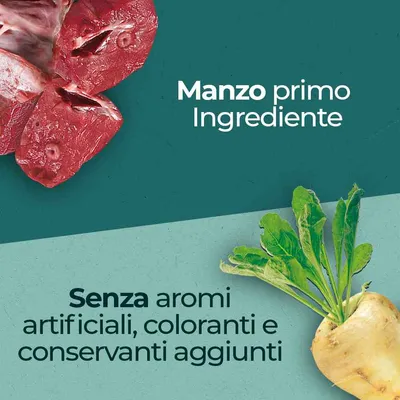 Manzo primo ingrediente. Senza aromi artificiali, coloranti e conservanti aggiunti.