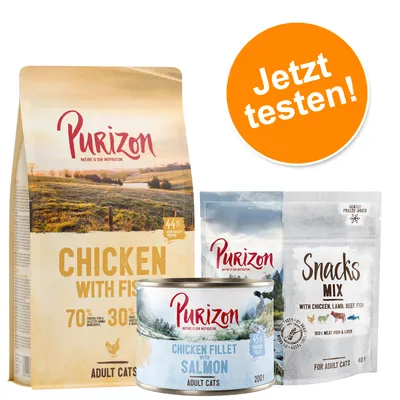 Purizon hrana za odrasle mačke: Chicken with Fish 70 % mesa, Chicken Fillet with Salmon 45 % pilećeg filea, Snacks Mix s piletinom, janjetinom, govedinom, ribom. Tekst: Jetzt testen!