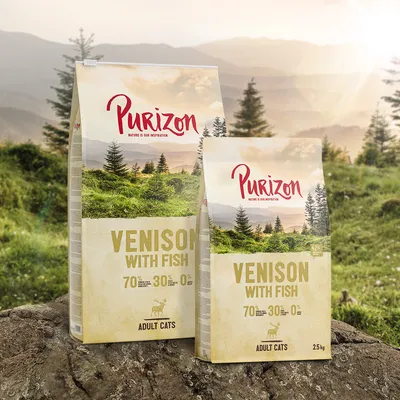 Purizon суха храна за възрастни котки, вид Venison with Fish, 70% месо и риба, 30% зеленчуци, 0% зърнени. Видими опаковки: 2,5 кг и по-малка. Purizon суха храна за възрастни котки, вид Venison with Fish, 70% месо и риба, 30% зеленчуци, 0% зърнени. Видими опаковки: 2,5 кг и по-малка.
