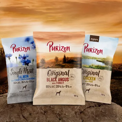Trois sachets Purizon : Single Meat Salmon with Cornflower Blossoms 65 %/35 %, Original Black Angus with Turkey 80 %/20 %, Original Chicken with Fish 20 %. Sachets de 100 g pour chien.