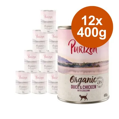 12 lattine da 400 g Purizon Organic Duck & Chicken with Zucchini, testo visibile: 13%, immagine di gatto sulla confezione.