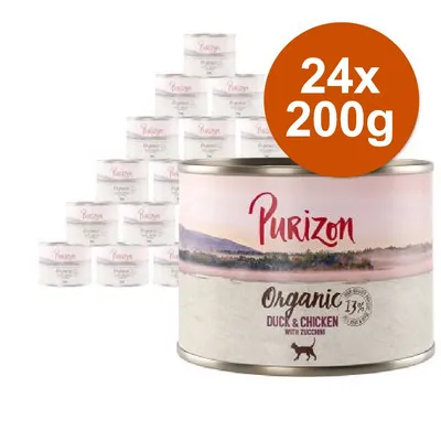 24 lattine da 200 g di Purizon Organic Duck & Chicken with Zucchini, testo visibile: 13% e immagine di cane sulla confezione.